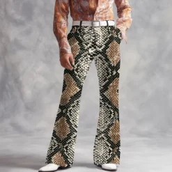 Online OUKU Men's Geometric Snake Skin Pattern Disco Pants 60s 70s Bell Bottoms Mid Waist Fashion Vintage Retro Outdoor Vacation Party Printed Side Pockets Flared Leg Pants Trousers Spring Fall 3D Print Black