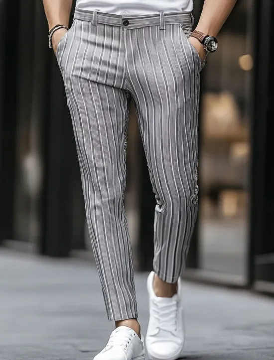 OUKU Men's Geometric Striped Dress Pants Trousers Mid Waist Business Casual Outdoor Vacation Streetwear with Pockets Slim Fit Flat-Front Summer Spring Fall 3D Print khaki Gray
