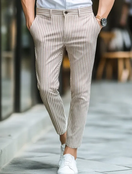 OUKU Men's Geometric Striped Dress Pants Trousers Mid Waist Business Casual Outdoor Vacation Streetwear with Pockets Slim Fit Flat-Front Summer Spring Fall 3D Print khaki Gray