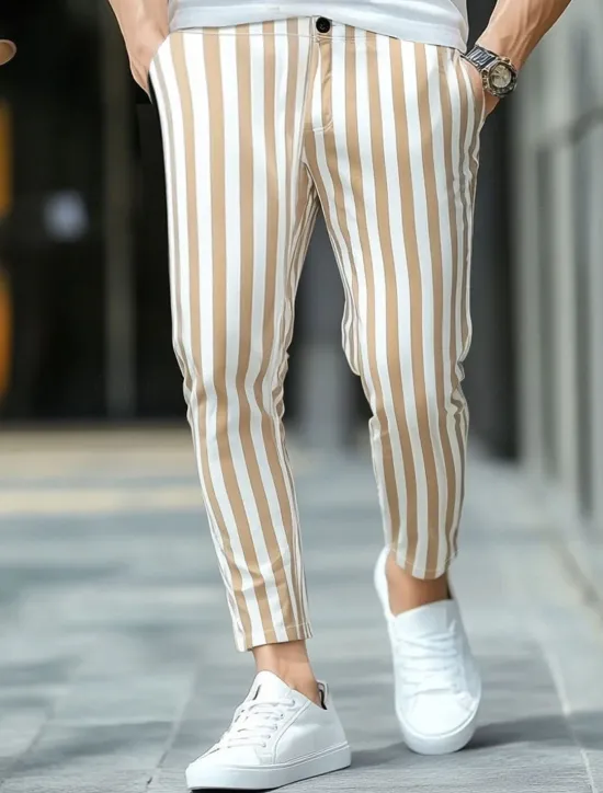 New OUKU Men's Geometric Striped Dress Pants Trousers Mid Waist Business Casual Outdoor Vacation Streetwear with Pockets Slim Fit Flat-Front Summer Spring Fall 3D Print Yellow Beige Gray