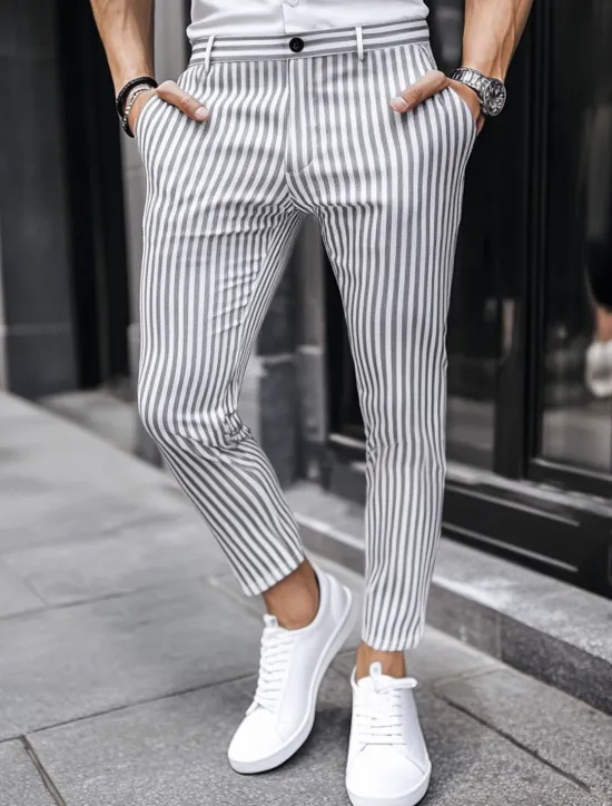 New OUKU Men's Geometric Striped Dress Pants Trousers Mid Waist Business Casual Outdoor Vacation Streetwear with Pockets Slim Fit Flat-Front Summer Spring Fall 3D Print Yellow Beige Gray