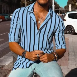 New OUKU Men's Geometric Striped Shirt Button Up Shirt Casual Dress Shirt Long Sleeve Fashion Casual Formal Vacation Dailywear Summer Spring Turndown 3D Print Collared Shirts White Yellow Blue