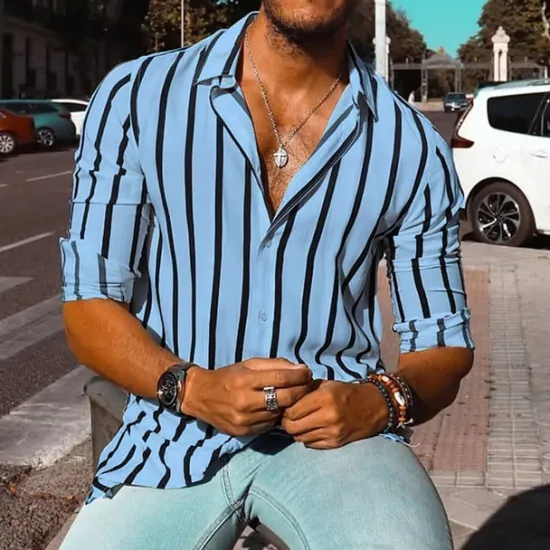 New OUKU Men's Geometric Striped Shirt Button Up Shirt Casual Dress Shirt Long Sleeve Fashion Casual Formal Vacation Dailywear Summer Spring Turndown 3D Print Collared Shirts White Yellow Blue