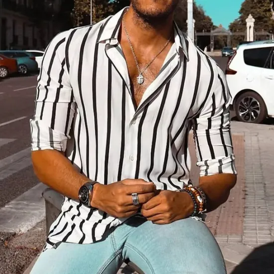 New OUKU Men's Geometric Striped Shirt Button Up Shirt Casual Dress Shirt Long Sleeve Fashion Casual Formal Vacation Dailywear Summer Spring Turndown 3D Print Collared Shirts White Yellow Blue