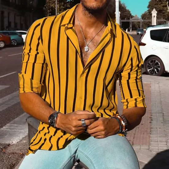 New OUKU Men's Geometric Striped Shirt Button Up Shirt Casual Dress Shirt Long Sleeve Fashion Casual Formal Vacation Dailywear Summer Spring Turndown 3D Print Collared Shirts White Yellow Blue