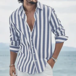 Best OUKU Men's Geometric Striped Shirt Button Up Shirt Long Sleeve Fashion Casual Dailywear Causal Beach Wear Summer Spring Turndown 3D Print Linen Like Shirt Black Pink Blue Green