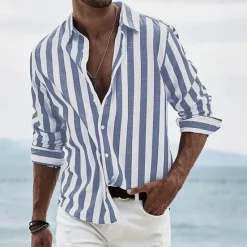Best OUKU Men's Geometric Striped Shirt Button Up Shirt Long Sleeve Fashion Casual Dailywear Causal Beach Wear Summer Spring Turndown 3D Print Linen Like Shirt Black Pink Blue Green