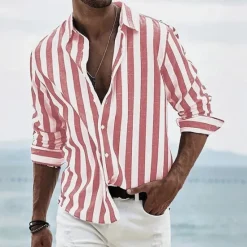 Best OUKU Men's Geometric Striped Shirt Button Up Shirt Long Sleeve Fashion Casual Dailywear Causal Beach Wear Summer Spring Turndown 3D Print Linen Like Shirt Black Pink Blue Green