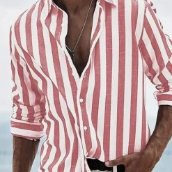 Best OUKU Men's Geometric Striped Shirt Button Up Shirt Long Sleeve Fashion Casual Dailywear Causal Beach Wear Summer Spring Turndown 3D Print Linen Like Shirt Black Pink Blue Green
