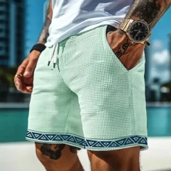 Outlet OUKU Men's Geometric Triangle Waffle Shorts Sweat Shorts Casual Shorts Mid Waist Fashion Casual Vacation Jogging Workout Elastic Drawstring Waist Shorts with Pockets Designer Clothing Apparel