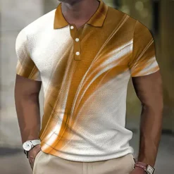 Hot OUKU Men's Geometric Waffle Polo Shirts Golf Shirt Short Sleeve Polo Shirts Collared Shirts Business Casual Vacation Wear Formal Wear Festival Wear Buttons 3D Print Yellow Red Royal Blue