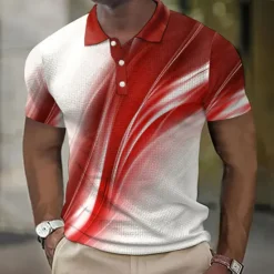 Hot OUKU Men's Geometric Waffle Polo Shirts Golf Shirt Short Sleeve Polo Shirts Collared Shirts Business Casual Vacation Wear Formal Wear Festival Wear Buttons 3D Print Yellow Red Royal Blue