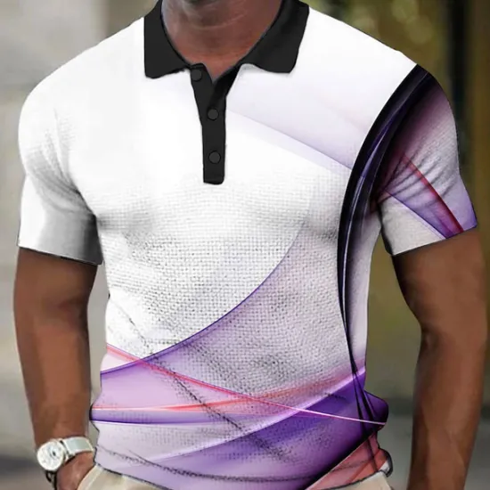 Hot OUKU Men's Geometric Waffle Polo Shirts Golf Shirt Short Sleeve Polo Shirts Collared Shirts Business Casual Vacation Wear Formal Wear Festival Wear Buttons 3D Print Black Yellow Purple