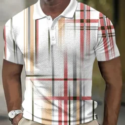 Discount OUKU Men's Geometric Waffle Polo Shirts Golf Shirt Short Sleeve Polo Shirts Collared Shirts Business Casual Vacation Wear Formal Wear Festival Wear Buttons 3D Print Red Blue Orange