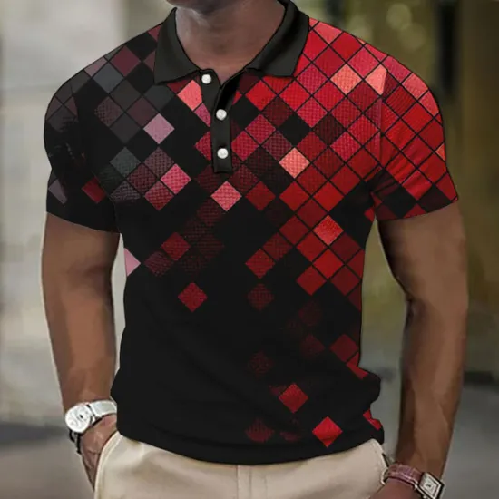 OUKU Men's Geometric Waffle Polo Shirts Golf Shirt Short Sleeve Polo Shirts Collared Shirts Casual Vacation Wear Formal Wear Festival Wear 3D Print Buttons Yellow Red Blue