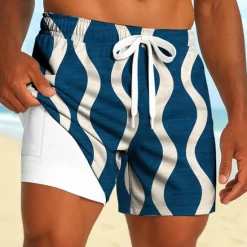 Discount OUKU Men's Geometric Waves Lined Shorts 2 in 1 Board Shorts Swim Shorts Mid Waist Hawaiian Holiday Side Pockets With Compression Liner Elastic Drawstring Waist Designer Clothing Apparel