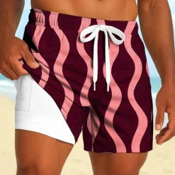 Discount OUKU Men's Geometric Waves Lined Shorts 2 in 1 Board Shorts Swim Shorts Mid Waist Hawaiian Holiday Side Pockets With Compression Liner Elastic Drawstring Waist Designer Clothing Apparel