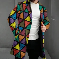 Sale OUKU Men's Geometric Winter Coat Fleece Jacket Overcoat Thermal Comfortable Casual Party Evening Wear Street Daily Wear Buttons 3D Print Front Pocket Winter Turndown Long Sleeve Rainbow