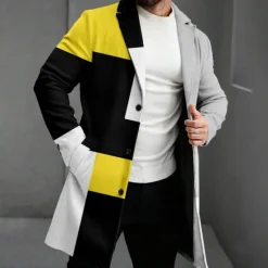 Clearance OUKU Men's Geometric Winter Coat Fleece Jacket Overcoat Thermal Comfortable Casual Party Evening Wear Street Daily Wear Buttons 3D Print Front Pocket Winter Turndown Long Sleeve Yellow Red Blue