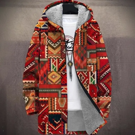 New OUKU Men's Geometric Winter Coat Fleece Jacket Coat Thermal Warm Comfortable Casual Daily Wear Zipper Pocket 3D Print Fall Winter Hooded Long Sleeve White Red Brown