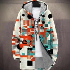 New OUKU Men's Geometric Winter Coat Fleece Jacket Coat Thermal Warm Comfortable Casual Daily Wear Zipper Pocket 3D Print Fall Winter Hooded Long Sleeve White Red Brown