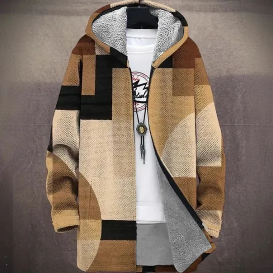 New OUKU Men's Geometric Winter Coat Fleece Jacket Coat Thermal Warm Comfortable Casual Daily Wear Zipper Pocket 3D Print Fall Winter Hooded Long Sleeve White Red Brown