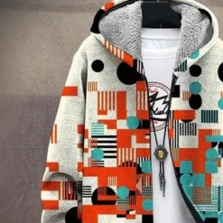 New OUKU Men's Geometric Winter Coat Fleece Jacket Coat Thermal Warm Comfortable Casual Daily Wear Zipper Pocket 3D Print Fall Winter Hooded Long Sleeve White Red Brown