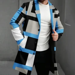 Hot OUKU Men's Geometric Winter Coat Fleece Jacket Overcoat Thermal Comfortable Casual Party Evening Wear Daily Wear Buttons 3D Print Front Pocket Winter Turndown Long Sleeve Red Blue Green
