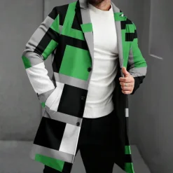Hot OUKU Men's Geometric Winter Coat Fleece Jacket Overcoat Thermal Comfortable Casual Party Evening Wear Daily Wear Buttons 3D Print Front Pocket Winter Turndown Long Sleeve Red Blue Green