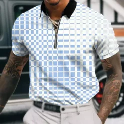 OUKU Men's Geometric Zip Polo Shirts Golf Shirt Short Sleeve Polo Shirts Collared Shirts Business Casual WorkWear Formal Wear Festival Wear 3D Print Quarter Zip Polo Lake blue White Red