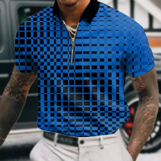 OUKU Men's Geometric Zip Polo Shirts Golf Shirt Short Sleeve Polo Shirts Collared Shirts Business Casual WorkWear Formal Wear Festival Wear 3D Print Quarter Zip Polo Lake blue White Red