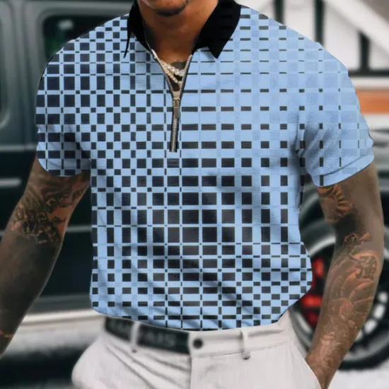 OUKU Men's Geometric Zip Polo Shirts Golf Shirt Short Sleeve Polo Shirts Collared Shirts Business Casual WorkWear Formal Wear Festival Wear 3D Print Quarter Zip Polo Lake blue White Red