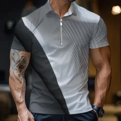 Online OUKU Men's Geometric Zip Polo Shirts Golf Shirt Short Sleeve Polo Shirts Collared Shirts Business Casual Vacation Wear Formal Wear Festival Wear 3D Print Quarter Zip Polo Summer Spring Black Light Green