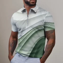 Online OUKU Men's Geometric Zip Polo Shirts Golf Shirt Short Sleeve Polo Shirts Collared Shirts Business Casual Vacation Wear Formal Wear Festival Wear 3D Print Quarter Zip Polo Summer Spring Black Light Green