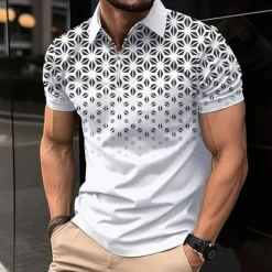 OUKU Men's Geometric Zip Polo Shirts Golf Shirt Short Sleeve Polo Shirts Collared Shirts Business Casual WorkWear Formal Wear Festival Wear 3D Print Quarter Zip Polo White Pink Blue