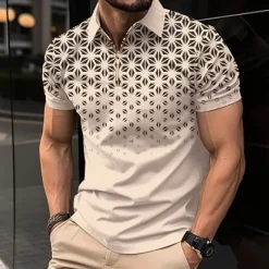 OUKU Men's Geometric Zip Polo Shirts Golf Shirt Short Sleeve Polo Shirts Collared Shirts Business Casual WorkWear Formal Wear Festival Wear 3D Print Quarter Zip Polo White Pink Blue