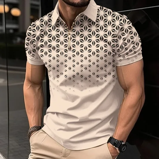OUKU Men's Geometric Zip Polo Shirts Golf Shirt Short Sleeve Polo Shirts Collared Shirts Business Casual WorkWear Formal Wear Festival Wear 3D Print Quarter Zip Polo White Pink Blue