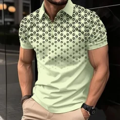 OUKU Men's Geometric Zip Polo Shirts Golf Shirt Short Sleeve Polo Shirts Collared Shirts Business Casual WorkWear Formal Wear Festival Wear 3D Print Quarter Zip Polo White Pink Blue