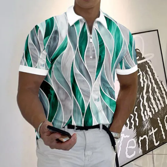 Outlet OUKU Men's Geometric Zip Polo Shirts Golf Shirt Short Sleeve Polo Shirts Collared Shirts Business Casual Vacation Wear Formal Wear Festival Wear 3D Print Quarter Zip Polo Blue-Green Yellow Red