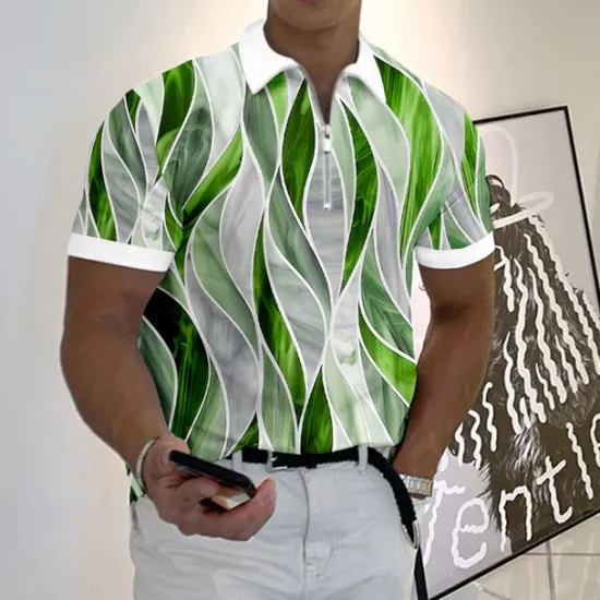 Outlet OUKU Men's Geometric Zip Polo Shirts Golf Shirt Short Sleeve Polo Shirts Collared Shirts Business Casual Vacation Wear Formal Wear Festival Wear 3D Print Quarter Zip Polo Blue-Green Yellow Red
