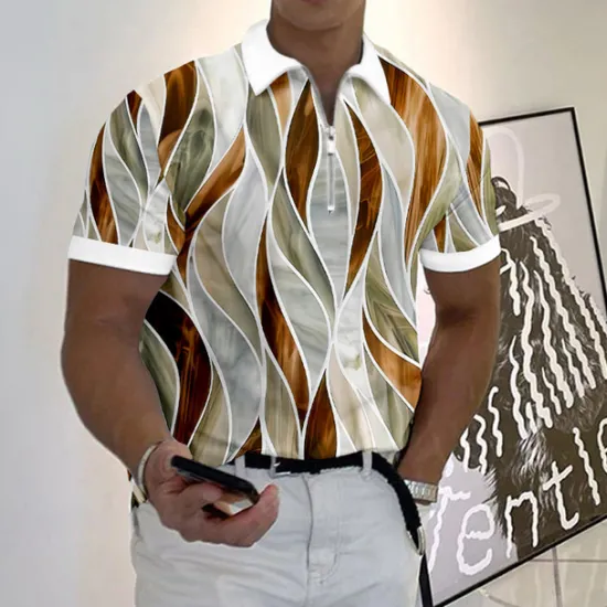 Outlet OUKU Men's Geometric Zip Polo Shirts Golf Shirt Short Sleeve Polo Shirts Collared Shirts Business Casual Vacation Wear Formal Wear Festival Wear 3D Print Quarter Zip Polo Blue-Green Yellow Red