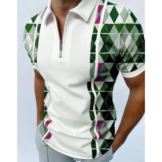 OUKU Men's Geometric Zip Polo Shirts Golf Shirt Short Sleeve Polo Shirts Collared Shirts Casual Vacation Wear Formal Wear Festival Wear 3D Print Quarter Zip Polo Black White Red
