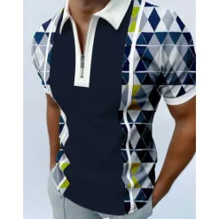 OUKU Men's Geometric Zip Polo Shirts Golf Shirt Short Sleeve Polo Shirts Collared Shirts Casual Vacation Wear Formal Wear Festival Wear 3D Print Quarter Zip Polo Black White Red