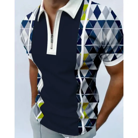OUKU Men's Geometric Zip Polo Shirts Golf Shirt Short Sleeve Polo Shirts Collared Shirts Casual Vacation Wear Formal Wear Festival Wear 3D Print Quarter Zip Polo Black White Red
