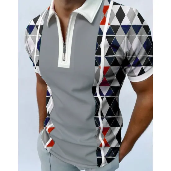 OUKU Men's Geometric Zip Polo Shirts Golf Shirt Short Sleeve Polo Shirts Collared Shirts Casual Vacation Wear Formal Wear Festival Wear 3D Print Quarter Zip Polo Black White Red