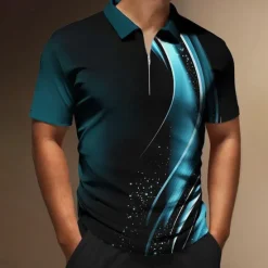 Online OUKU Men's Geometric Zip Polo Shirts Golf Shirt Short Sleeve Polo Shirts Collared Shirts Business Casual Vacation Wear Formal Wear Festival Wear 3D Print Quarter Zip Polo Wine Blue