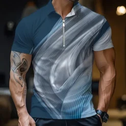 Clearance OUKU Men's Geometric Zip Polo Shirts Golf Shirt Short Sleeve Polo Shirts Collared Shirts Business Casual Vacation Wear Formal Wear Festival Wear 3D Print Quarter Zip Polo Summer Spring Blue Purple Gold