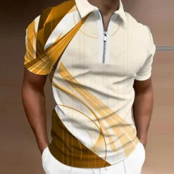 Online OUKU Men's Geometric Zip Polo Shirts Golf Shirt Short Sleeve Polo Shirts Collared Shirts Business Casual Vacation Wear Formal Wear Festival Wear 3D Print Quarter Zip Polo Yellow Army Green Red