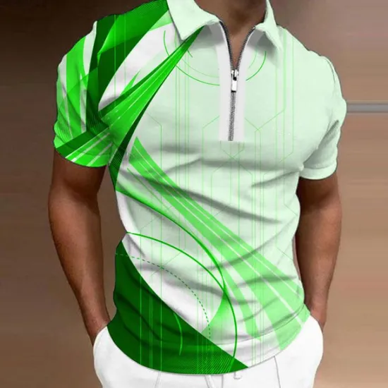 Online OUKU Men's Geometric Zip Polo Shirts Golf Shirt Short Sleeve Polo Shirts Collared Shirts Business Casual Vacation Wear Formal Wear Festival Wear 3D Print Quarter Zip Polo Yellow Army Green Red