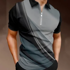 Discount OUKU Men's Geometric Zip Polo Shirts Golf Shirt Short Sleeve Polo Shirts Collared Shirts Business Casual Vacation Wear Formal Wear Festival Wear 3D Print Quarter Zip Polo Black / Gray Blue Purple
